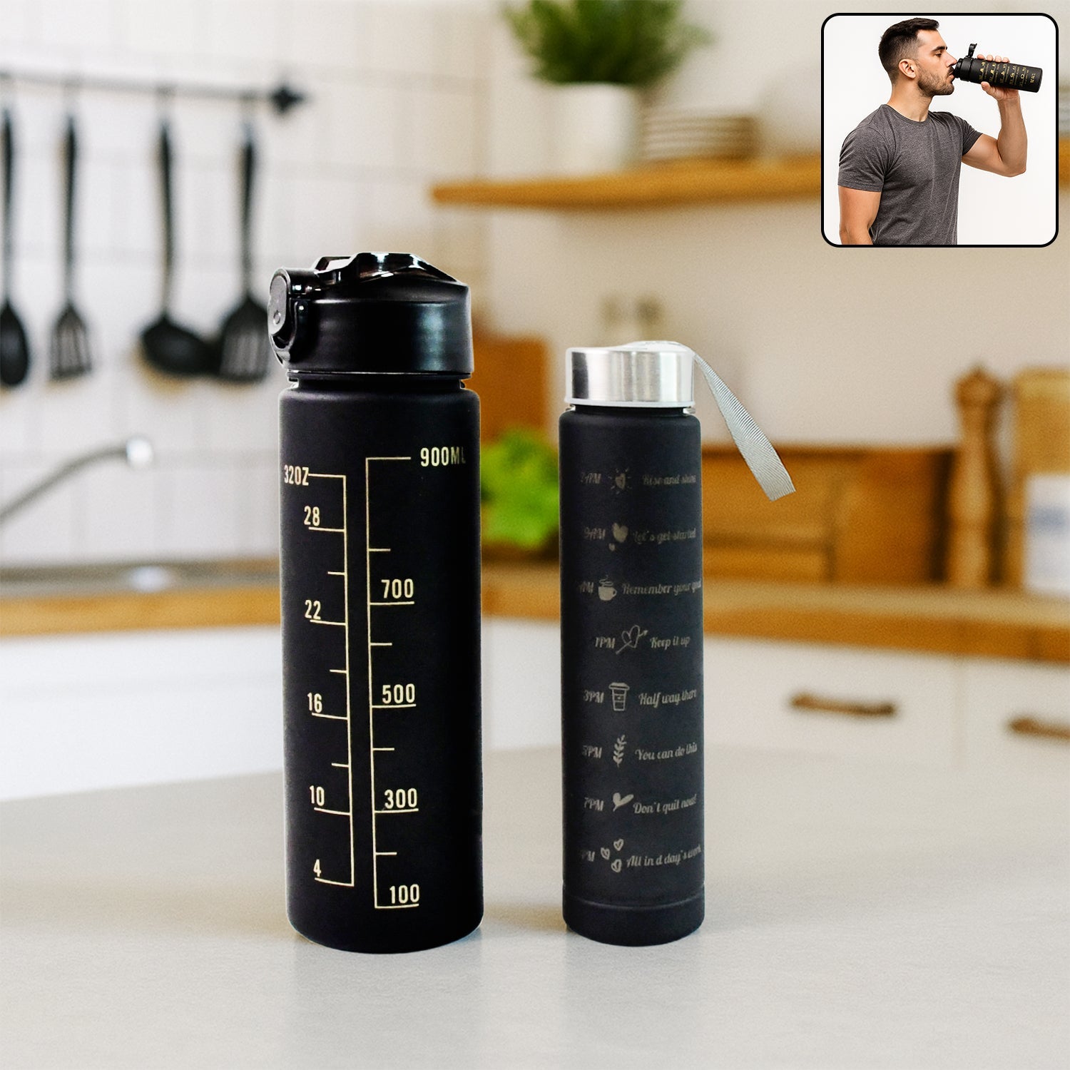2 Pc Premium Black Motivational Water Bottle Set (900 ML + 300 ML) 2 Pc Premium Black Motivational Water Bottle Set (900 ML + 300 ML)